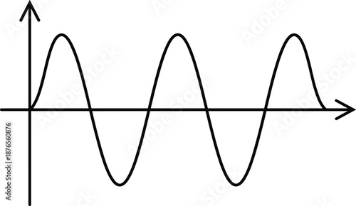 Black and white illustration of a sine wave graph with smooth oscillating waveform on coordinate axis representing mathematics, physics, frequency and trigonometric function concepts