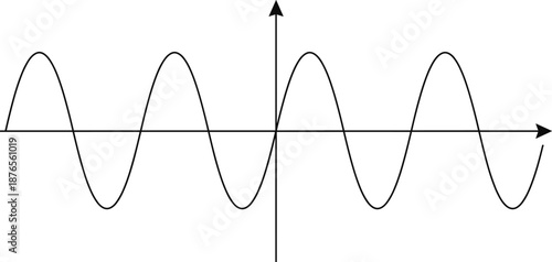 Black and white illustration of a sine wave graph with oscillating waveform on coordinate axis representing mathematics, physics, frequency and trigonometric function concepts