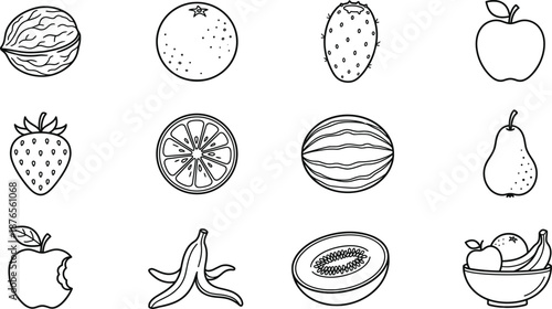 Black and white line icons of assorted fruits including apple, pear, watermelon, strawberry, orange and banana representing healthy food, nutrition and organic produce on white background