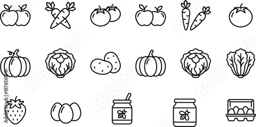 Black and white line icons of fruits, vegetables, eggs and honey jars representing healthy foods, nutrition, groceries and organic produce for meal planning and cooking