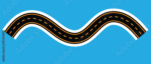 A cartoon style winding road with dashed lines travels across a vibrant clear blue sky background