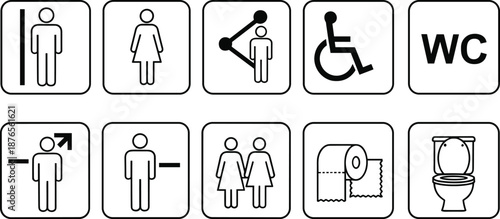 Bathroom and restroom icons bundle with male female symbols, toilet signs, WC labels, accessibility icons and hygiene graphics