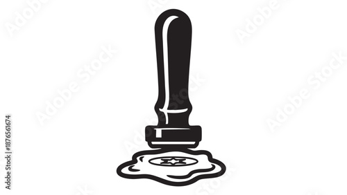 A black ink stamp with a handle on a white background is being used to stamp a document with a distinctive design