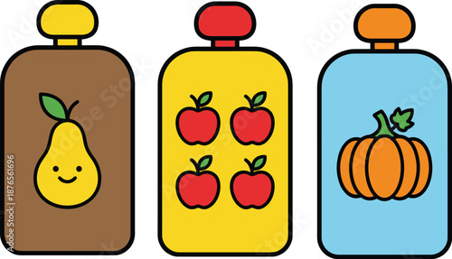 Cute colorful illustration of baby food puree pouches featuring pear, apple and pumpkin flavors representing healthy nutrition, organic snacks and kids’ meals on white background
