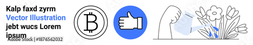 Cryptocurrency, digital assets, social media, eco-consciousness, financial connections, communication. Bitcoin symbol, thumbs-up icon hand watering flowers. Cryptocurrency and eco-consciousness