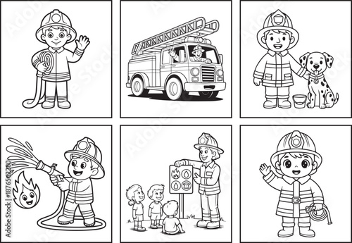 Cute firefighter works for rescuing vector line art illustration coloring page bundle set for kids