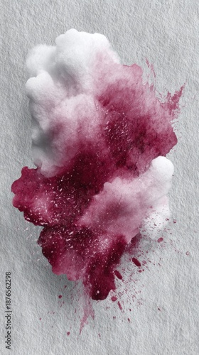 Abstract red and white ink cloud on textured gray background