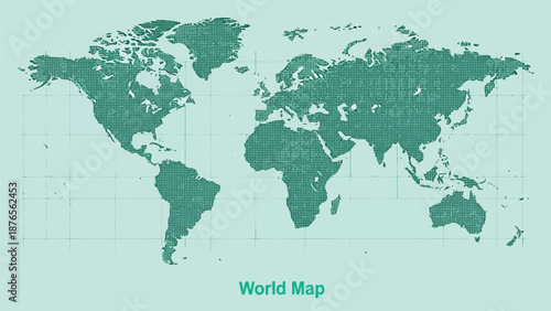 A simplified green world map with continental outlines and grid lines