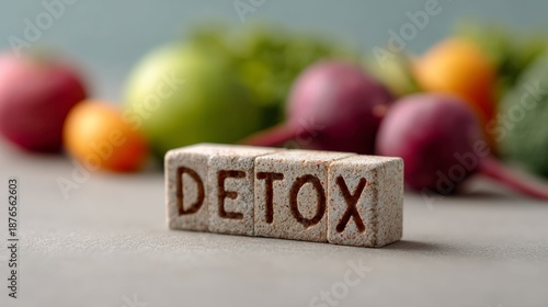 Wooden cubes spelling detox rest on a table, with vibrant vegetables like beets, apples, and broccoli blurred in the background, emphasizing fresh produce for detoxification