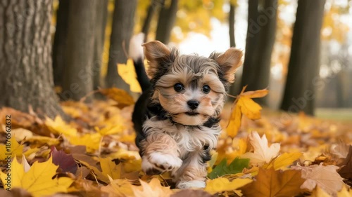 Adorable morkie puppy plays happily among colorful autumn leaves forest