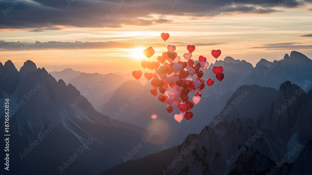 Fototapeta premium Love and celebration with romantic balloon release. Valentines day and kindness concept. Group of red heart shaped balloons floating over misty mountain peaks during a golden sunrise