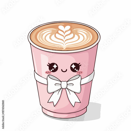 Cute kawaii pink latte coffee cup with bow and beautiful latte art.