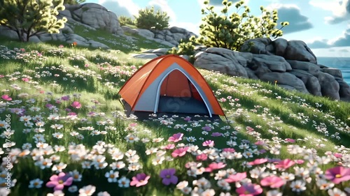 Wallpaper Mural Spring booming. Life. New hope. Season. A vivid, sunlit scene of a campsite by the sea. The foreground is dominated by a lush meadow dotted with white and pink flowers. Torontodigital.ca