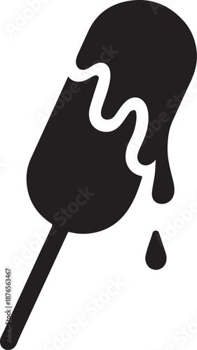 Corn dog with dripping sauce forming abstract shapes, solid silhouette icon for fast food design