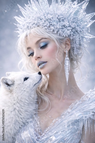 Ice queen fashion portrait with crystal crown and winter mood
