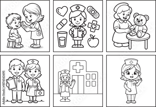 Cute nurse working in hospital coloring page bundle for kids, black line art vector illustration for medical student coloring book 