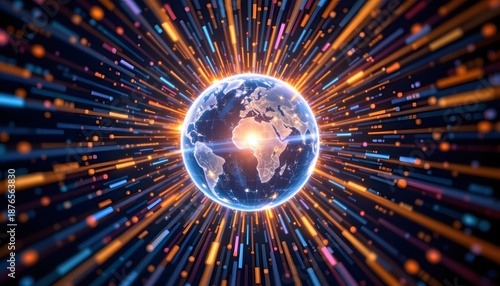 Global Network: A radiant globe, enveloped by a dynamic network of interconnected lines, symbolizes the ever-evolving world of technology and global communication.