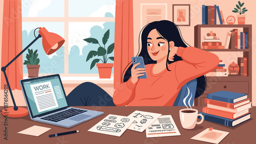 Flat vector illustration of a woman procrastinating at her desk while using a smartphone, unfinished work around her, modern lifestyle problem and productivity concept
