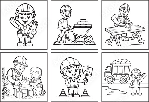 Cute construction worker working with tools coloring page bundle for kids, black line art vector illustration doodle set design for children