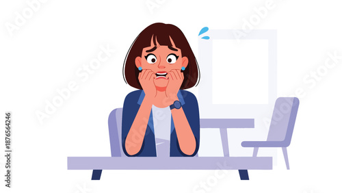 Vector illustration of a woman biting her nails nervously indoors, anxiety related bad habit and stress behavior concept in clean flat vector style