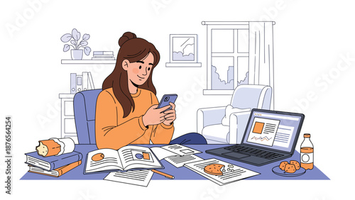 Flat vector illustration of a woman procrastinating at her desk while using a smartphone, unfinished work around her, modern lifestyle problem and productivity concept