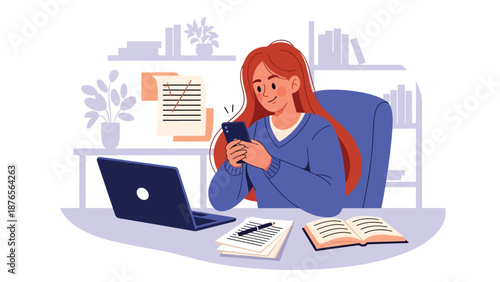 Flat vector illustration of a woman procrastinating at her desk while using a smartphone, unfinished work around her, modern lifestyle problem and productivity concept