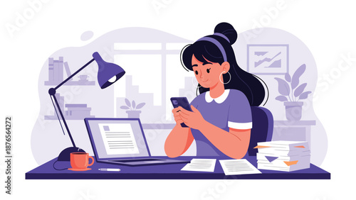 Flat vector illustration of a woman procrastinating at her desk while using a smartphone, unfinished work around her, modern lifestyle problem and productivity concept