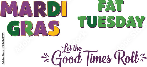 Mardi Gras celebration with colorful text on white background