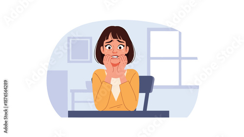 Vector illustration of a woman biting her nails nervously indoors, anxiety related bad habit and stress behavior concept in clean flat vector style