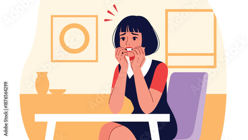 Vector illustration of a woman biting her nails nervously indoors, anxiety related bad habit and stress behavior concept in clean flat vector style
