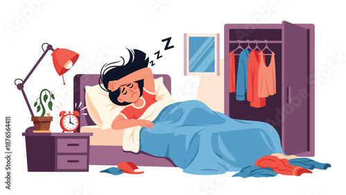 Flat vector illustration of a woman oversleeping with alarm clock ringing, poor morning routine and time management habit concept in solid color style