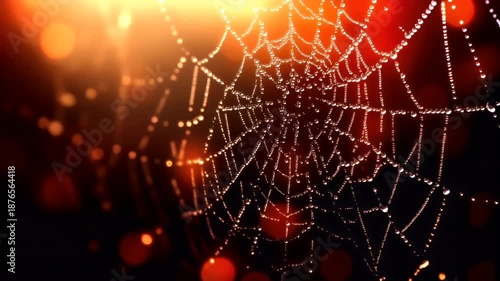 A closeup of a spider web with dewdrops against a bokeh background. The web is intricately detailed with numerous strands of water droplets, reflecting light and creating a shimmering effect.