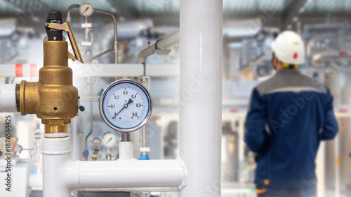 Cuadro en lienzo Industrial safety, pressure gauge and relief valve monitor fluid levels in plant pipeline while technician oversees system, supporting equipment protection and process stability