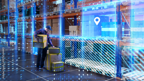 Photos Warehouse automation, logistics worker handles packages inside smart storage system with digital tracking, supporting inventory control, order picking and supply chain optimization