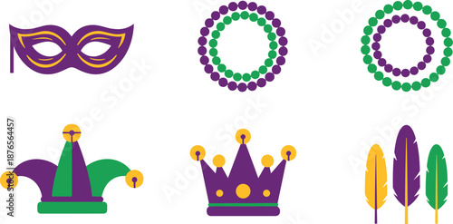 Mardi Gras festive icons with masks and beads