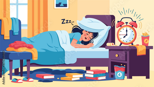 Flat vector illustration of a woman oversleeping with alarm clock ringing, poor morning routine and time management habit concept in solid color style
