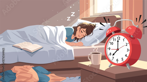 Flat vector illustration of a woman oversleeping with alarm clock ringing, poor morning routine and time management habit concept in solid color style