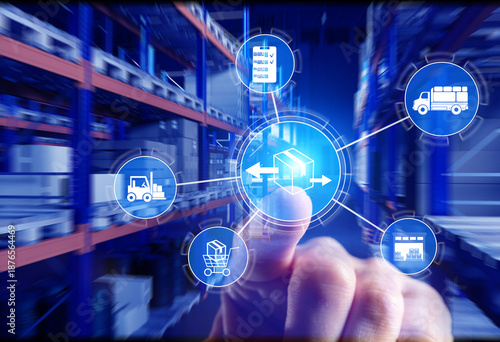 Smart logistics interface in warehouse shows digital icons for shipping, inventory and transport, supporting supply chain management, tracking and fulfillment automation.