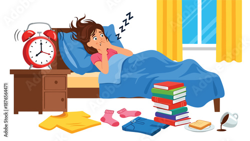 Flat vector illustration of a woman oversleeping with alarm clock ringing, poor morning routine and time management habit concept in solid color style