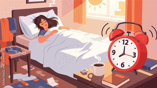 Flat vector illustration of a woman oversleeping with alarm clock ringing, poor morning routine and time management habit concept in solid color style