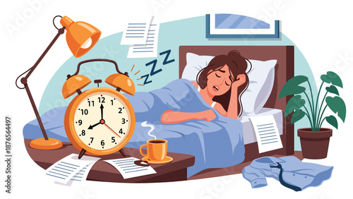Flat vector illustration of a woman oversleeping with alarm clock ringing, poor morning routine and time management habit concept in solid color style
