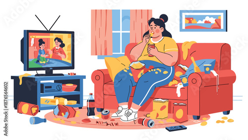 Vector illustration of a woman eating too much junk food while watching television, unhealthy lifestyle habit and poor diet concept in flat vector design