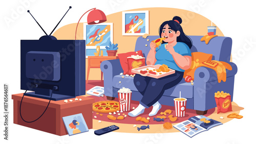 Vector illustration of a woman eating too much junk food while watching television, unhealthy lifestyle habit and poor diet concept in flat vector design