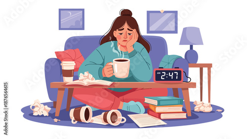 Flat vector illustration of a woman drinking excessive coffee late at night, poor sleep routine and caffeine dependency habit concept