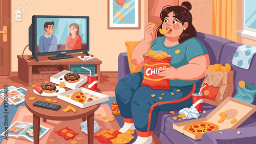 Vector illustration of a woman eating too much junk food while watching television, unhealthy lifestyle habit and poor diet concept in flat vector design