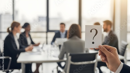 Business meeting questions and corporate communication. FAQ and recruitment decision making. Hand holding a paper with a question mark symbol in an office