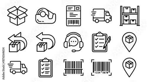 E-commerce Logistics & Fulfillment Icon Set – Packaging, Shipping, Delivery, Warehouse, Barcode