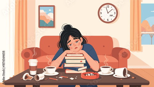 Flat vector illustration of a woman drinking excessive coffee late at night, poor sleep routine and caffeine dependency habit concept