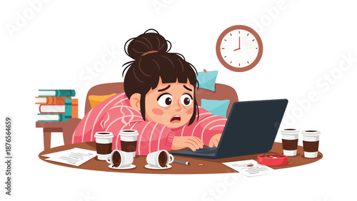 Flat vector illustration of a woman drinking excessive coffee late at night, poor sleep routine and caffeine dependency habit concept