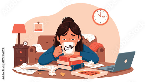 Flat vector illustration of a woman drinking excessive coffee late at night, poor sleep routine and caffeine dependency habit concept